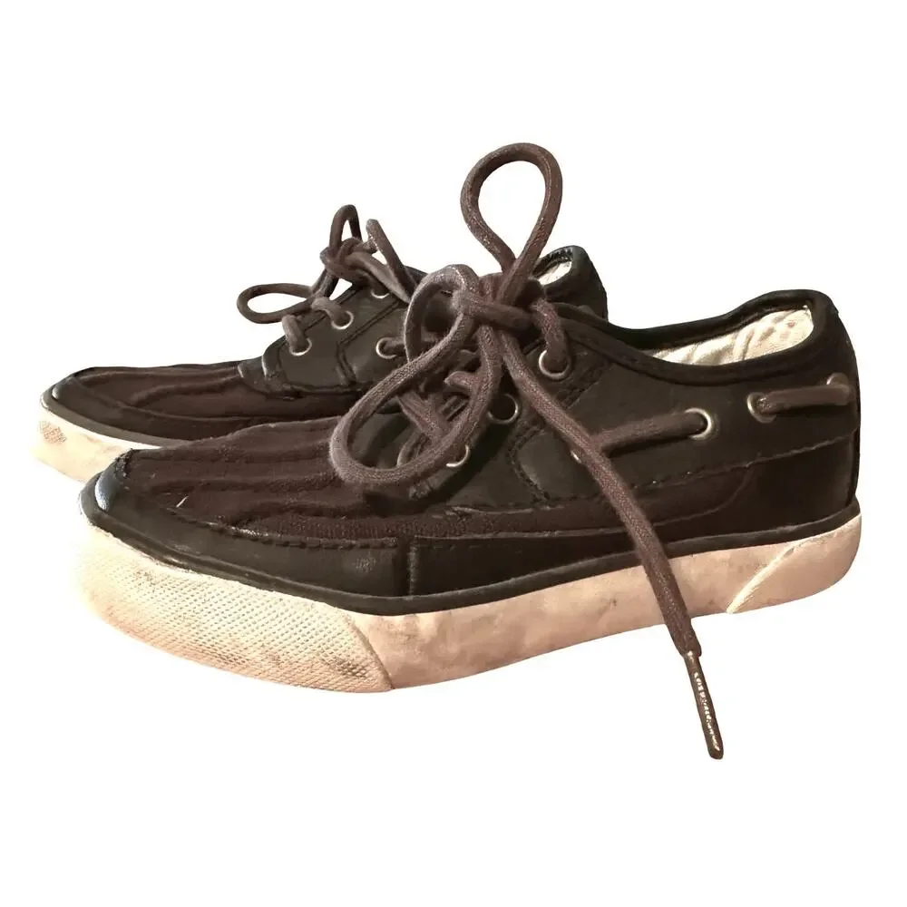 Polo Ralph Lauren Boys Leather & Canvas Dark Brown Boat Shoes Preppy Lace Up 9.5